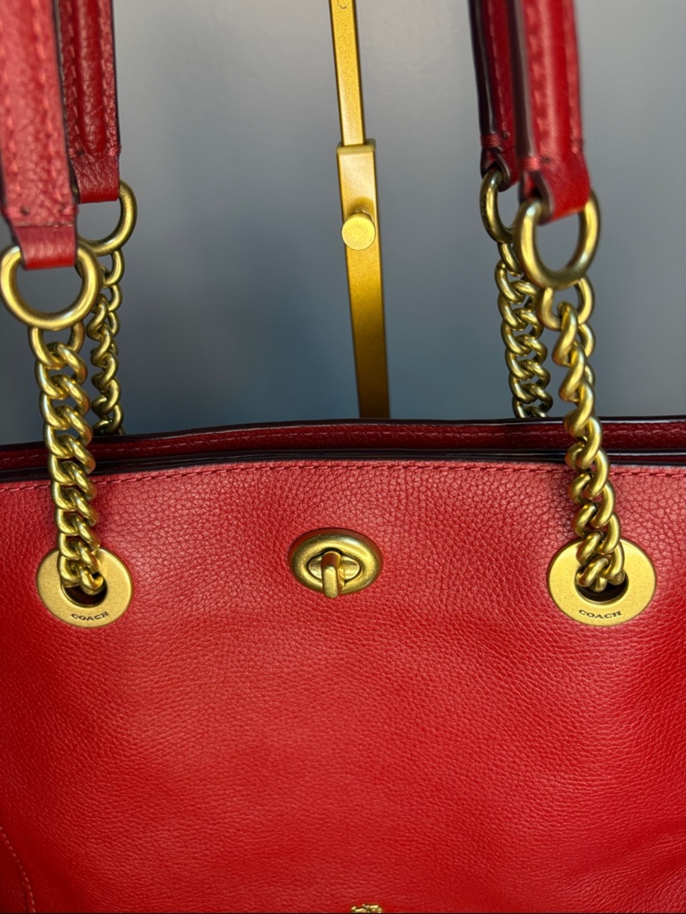 Coach Red Leather Tote with Gold Chain Handles Turnlock - Picture 3 of 12